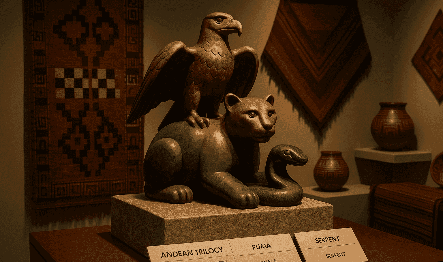 Andean trilogy exhibit showing condor, puma, and serpent